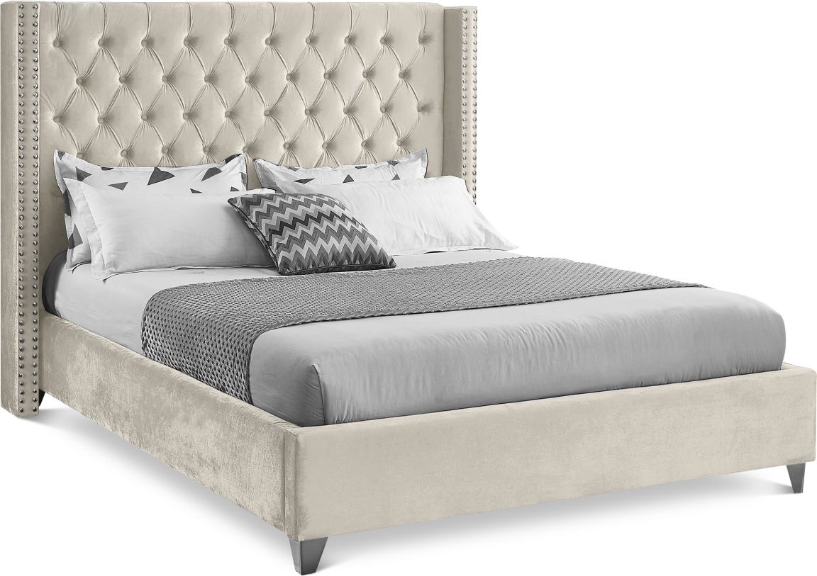 Meridian Furniture Aiden Velvet Queen Bed in Cream AidenCream-Q