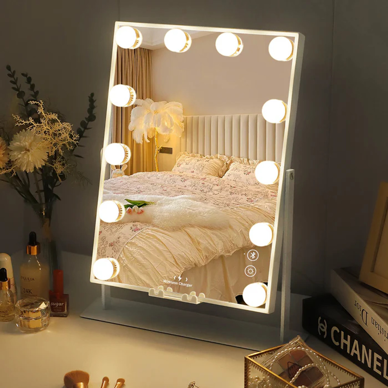 Vanity Mirror with Lights 12 Bulbs Music Speaker Wireless Charger Hollywood Makeup Mirror for Bedroom Dormitory