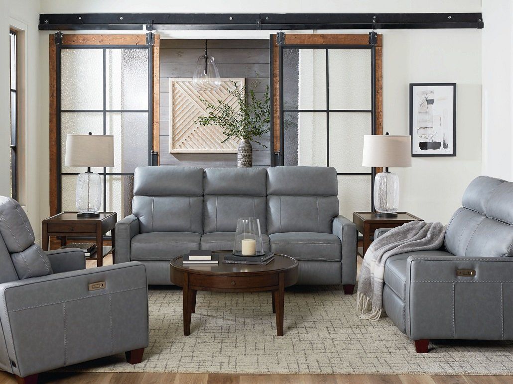 Club Level by Bassett Furniture Tompkins 2pc Living Room Set in Smoke Top Grain Leather/Vinyl