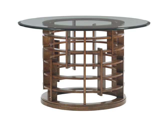 Tommy Bahama Home Island Fusion Meridien Round Dining Table w/ 60″dia. Glass Top  in Dark Walnut  PROMO