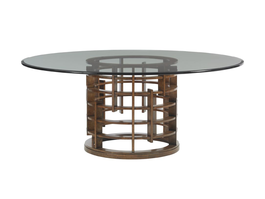 Tommy Bahama Home Island Fusion Meridien Round Dining Table w/ 72″dia. Glass Top  in Dark Walnut  PROMO