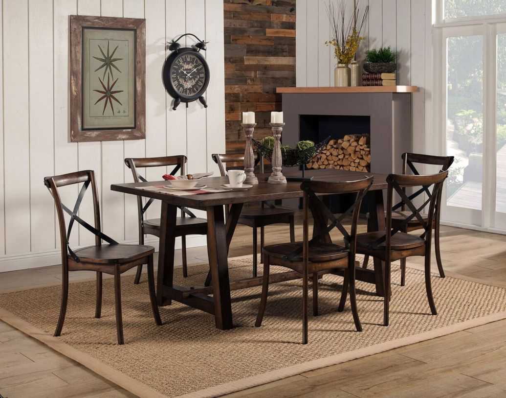 Alpine Furniture Arendal 7-Piece Trestle Dining Table Set in Burnished Dark Oak