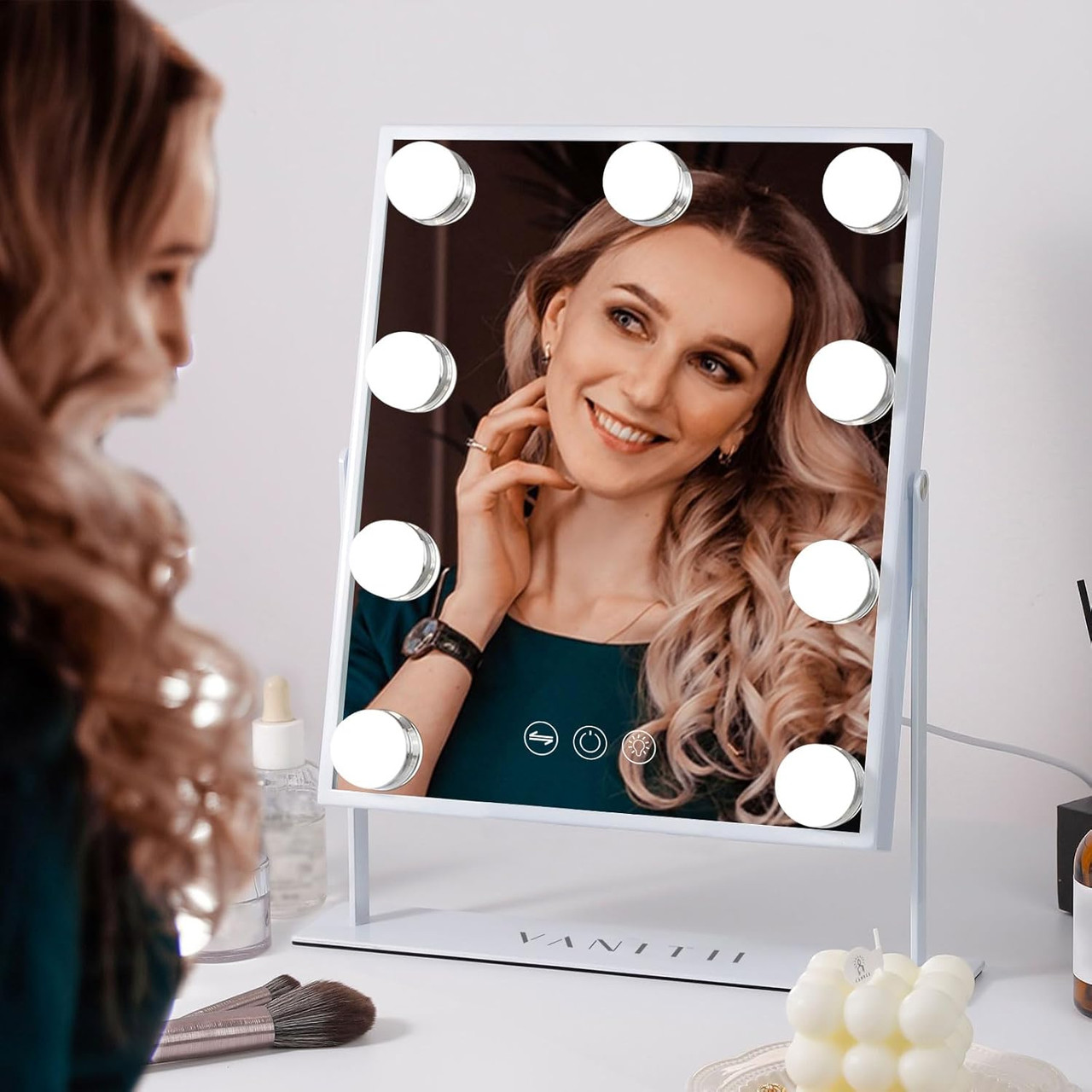 Vanity Mirror with Lights Hollywood Lighted Makeup Mirror with 9 Dimmable Bulbs Smart Touch Control 3 Colors Light for Bedroom