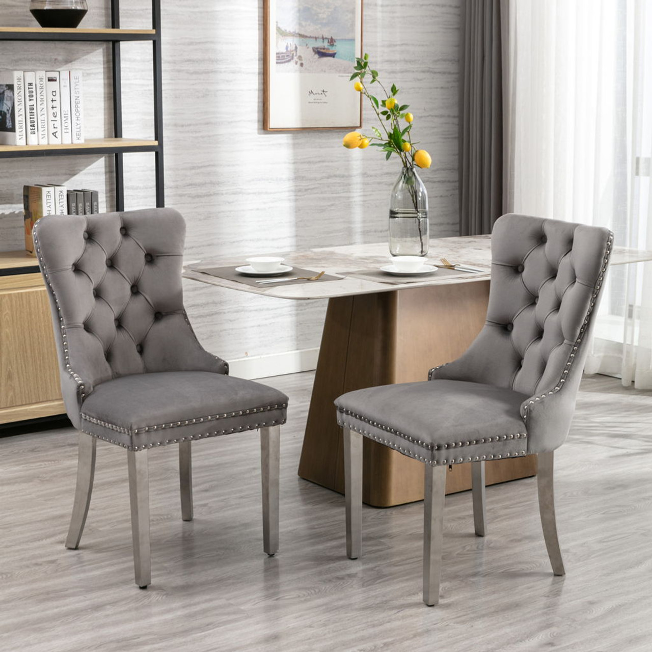 Nikki – Modern, High-End Tufted Solid Wood Contemporary Velvet Upholstered Dining Chair With Chrome Stainless Steel Plating Legs, Nailhead Trim (Set of 2)