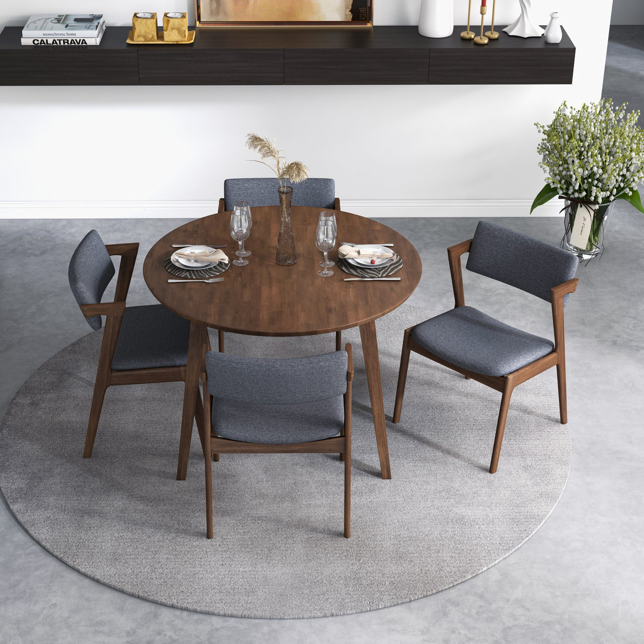 Palmer Dining set with 4 Ricco Dark Gray Dining Chairs (Walnut Top)