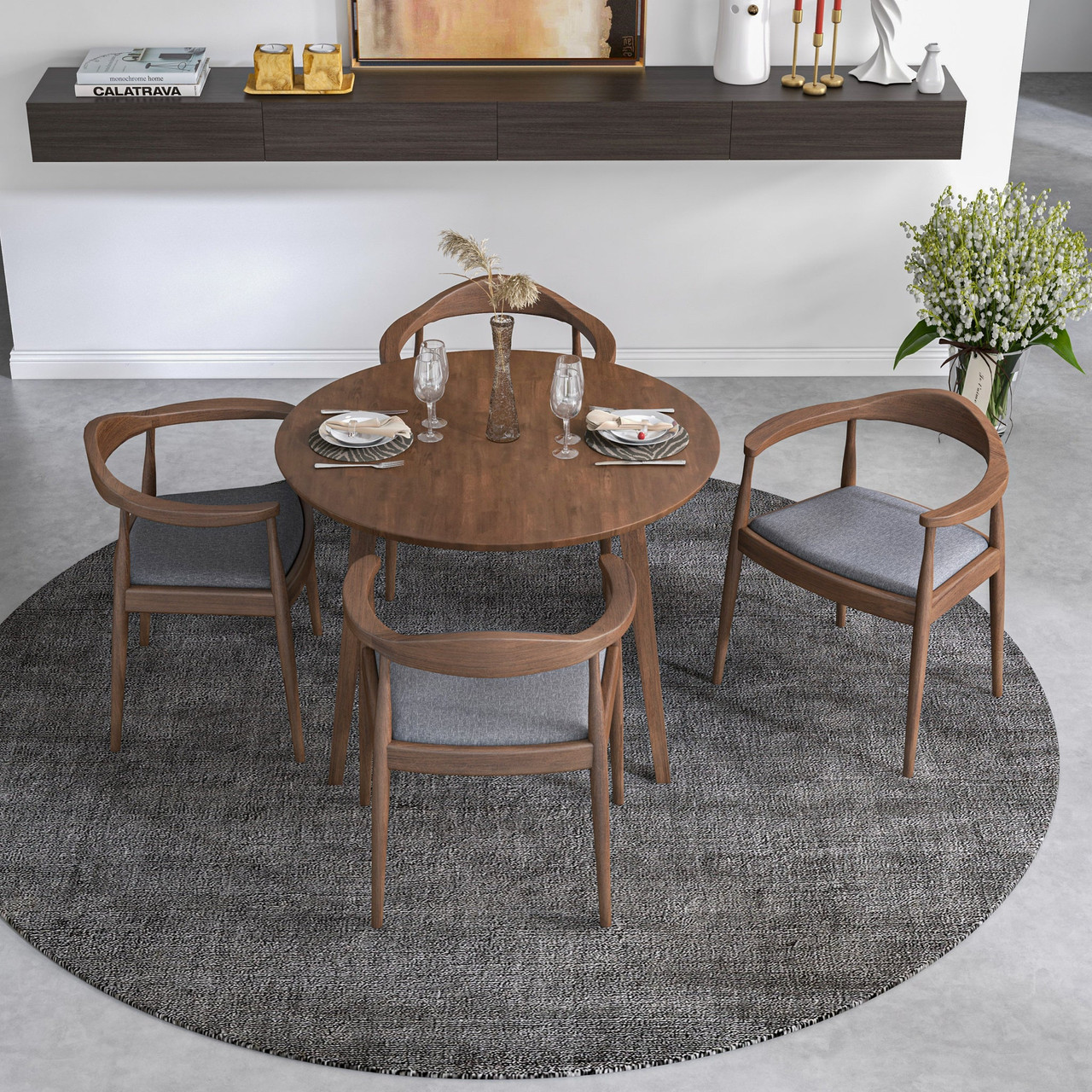 Palmer Dining set with 4 Freya Gray Dining Chairs (Walnut)