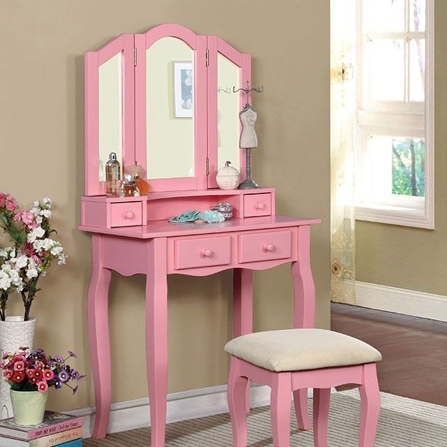 Furniture of America Janelle Vanity with Stool in Pink CM-DK6846PK