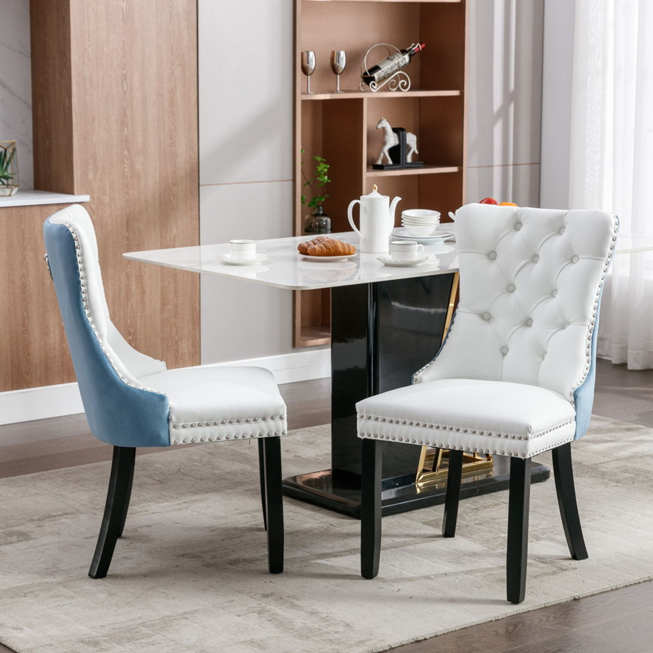 Nikki – Modern, High-End Tufted Solid Wood Contemporary PU And Velvet Upholstered Dining Chair With Wood Legs Nailhead Trim (Set of 2)