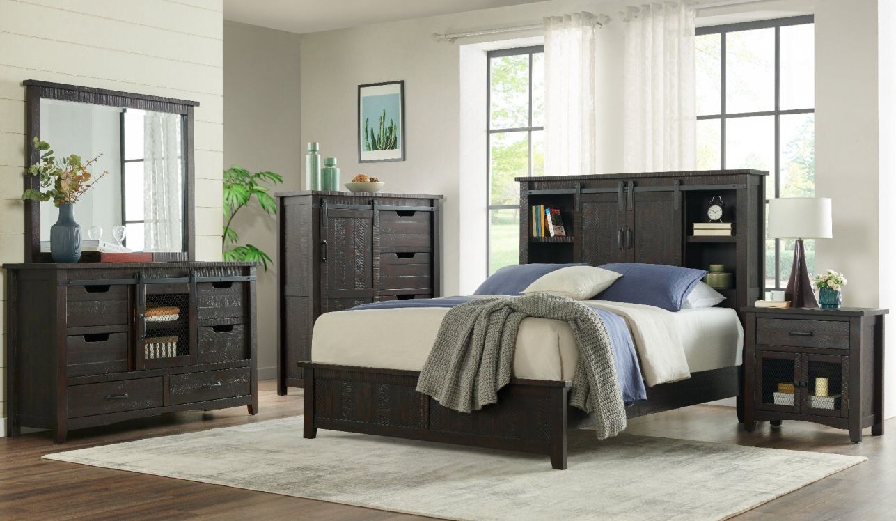 Vilo Home Modern Western 5pc Solid Wood Bedroom Set with Built in Shelf Space in Brown